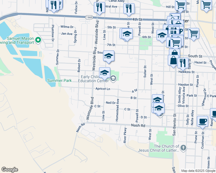 map of restaurants, bars, coffee shops, grocery stores, and more near 880 Apricot Lane in Hollister