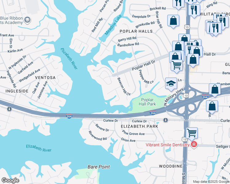 map of restaurants, bars, coffee shops, grocery stores, and more near 421 Leepoint Road in Norfolk