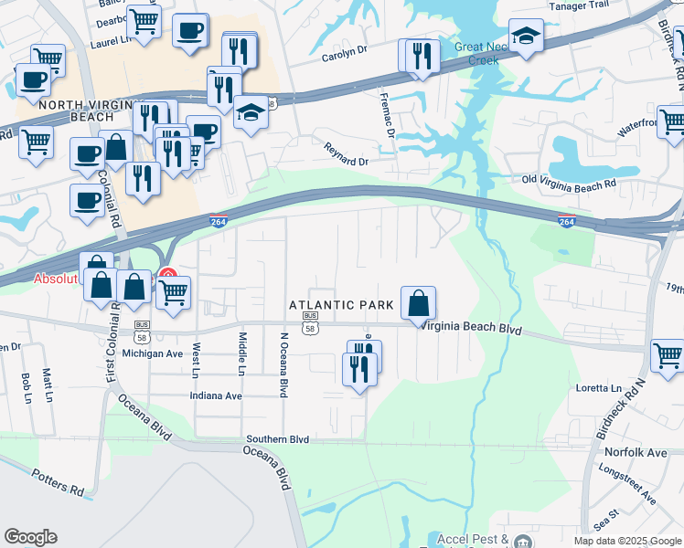 map of restaurants, bars, coffee shops, grocery stores, and more near 406 Garcia Drive in Virginia Beach