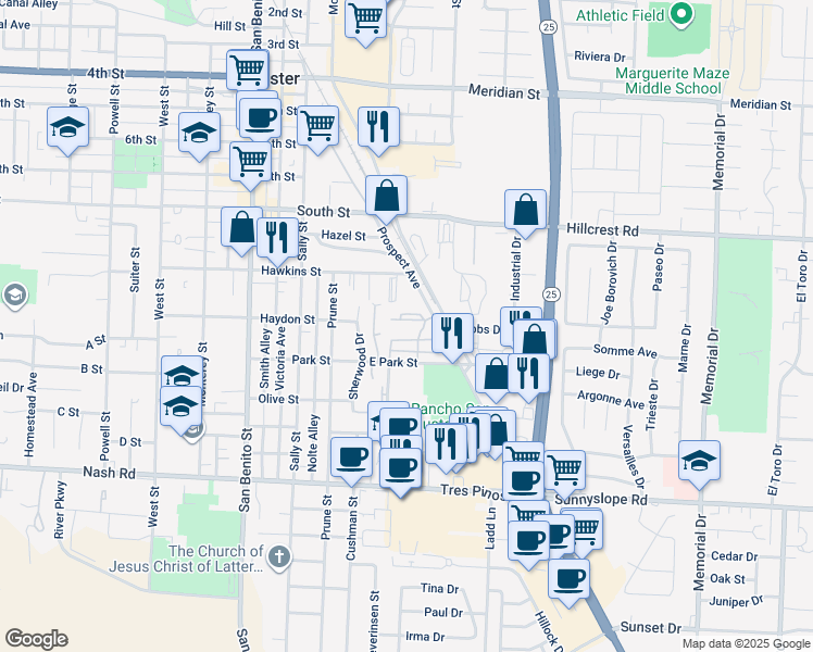 map of restaurants, bars, coffee shops, grocery stores, and more near 970 Prospect Avenue in Hollister