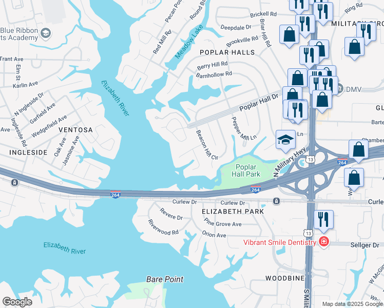 map of restaurants, bars, coffee shops, grocery stores, and more near 421 Leepoint Road in Norfolk