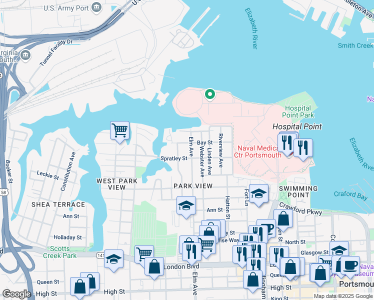 map of restaurants, bars, coffee shops, grocery stores, and more near 70 Elm Avenue in Portsmouth