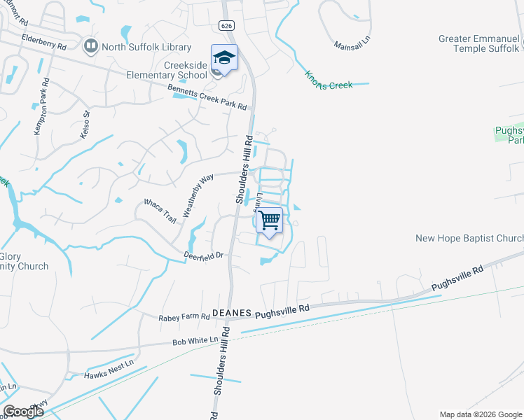 map of restaurants, bars, coffee shops, grocery stores, and more near 3012 Billings Drive in Suffolk