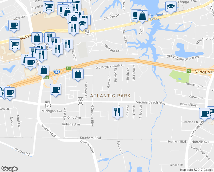 map of restaurants, bars, coffee shops, grocery stores, and more near 409 Garcia Drive in Virginia Beach