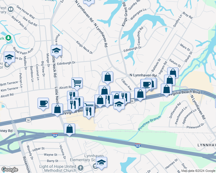 map of restaurants, bars, coffee shops, grocery stores, and more near 3280 Virginia Beach Boulevard in Virginia Beach
