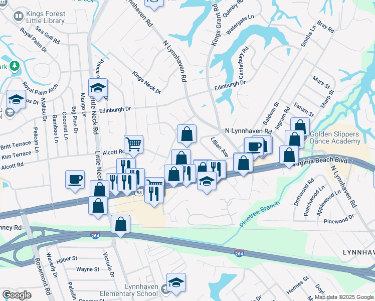 map of restaurants, bars, coffee shops, grocery stores, and more near 3280 Virginia Beach Boulevard in Virginia Beach