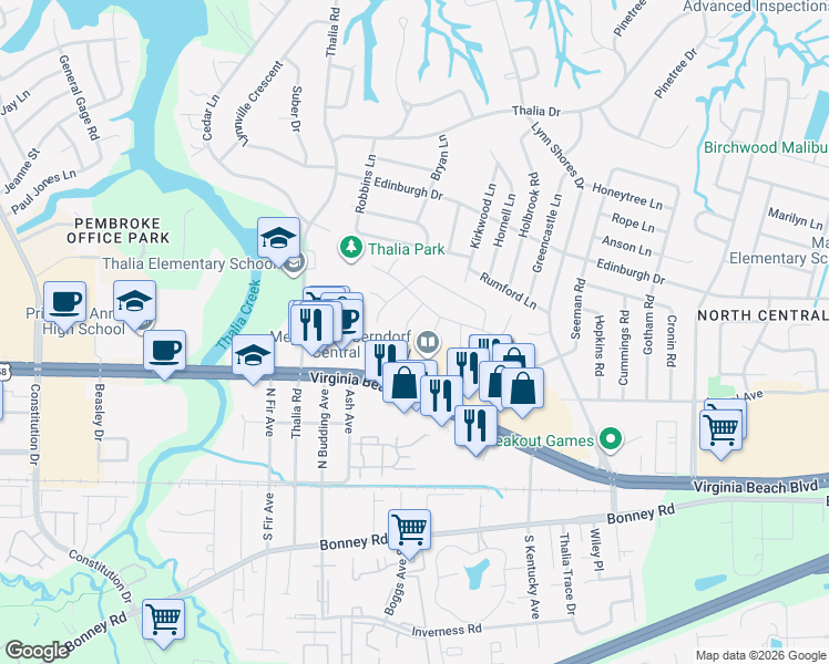 map of restaurants, bars, coffee shops, grocery stores, and more near 304 Pratt Court in Virginia Beach