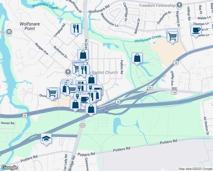 map of restaurants, bars, coffee shops, grocery stores, and more near 404 East Plantation Road in Virginia Beach