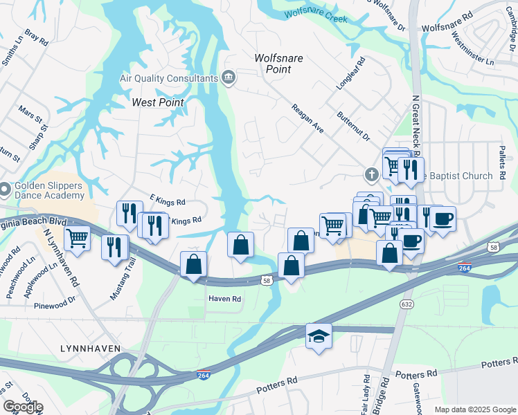 map of restaurants, bars, coffee shops, grocery stores, and more near 400 Egret Landing in Virginia Beach