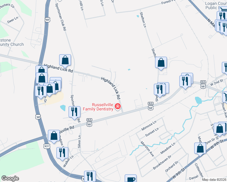 map of restaurants, bars, coffee shops, grocery stores, and more near Highlandlick Road in Russellville