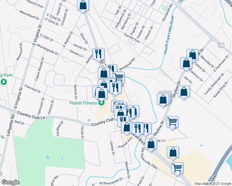 map of restaurants, bars, coffee shops, grocery stores, and more near 2602 Fort Campbell Boulevard in Hopkinsville
