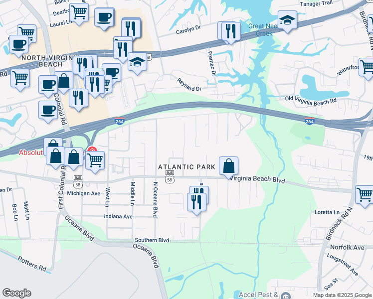 map of restaurants, bars, coffee shops, grocery stores, and more near 406 Garcia Drive in Virginia Beach