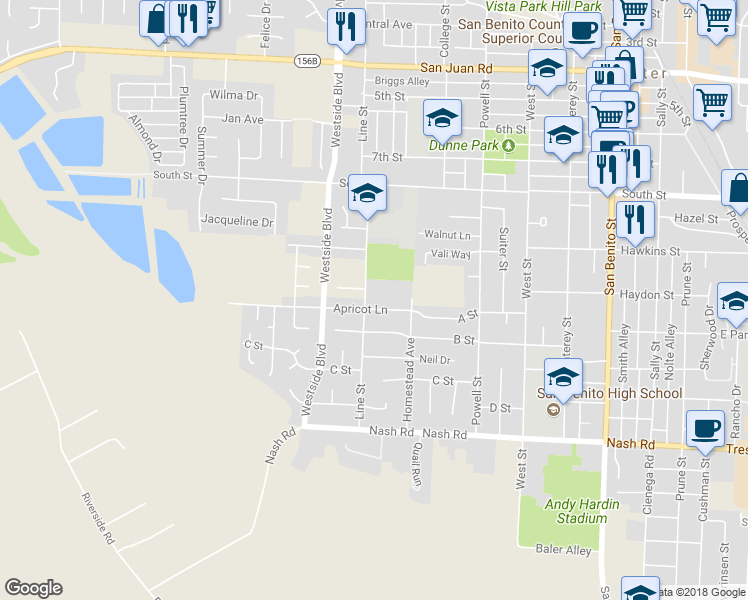 map of restaurants, bars, coffee shops, grocery stores, and more near 880 Apricot Lane in Hollister