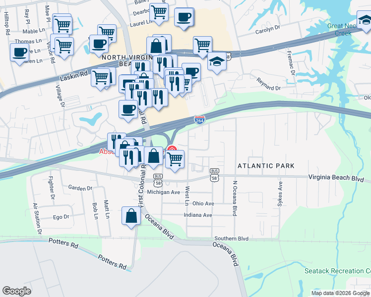 map of restaurants, bars, coffee shops, grocery stores, and more near 400 Hill Meadow Drive in Virginia Beach