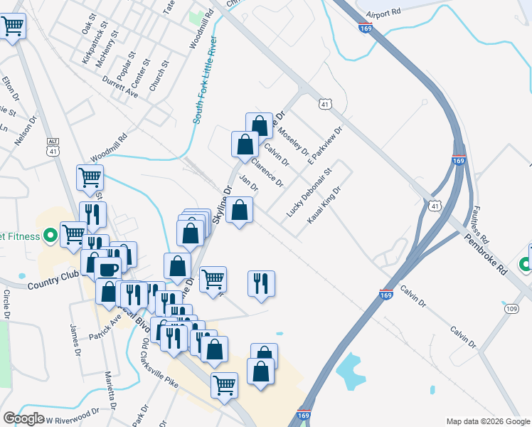 map of restaurants, bars, coffee shops, grocery stores, and more near 1799 Jan Drive in Hopkinsville