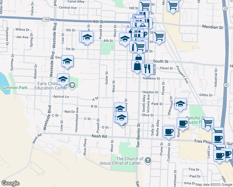 map of restaurants, bars, coffee shops, grocery stores, and more near 471 Haydon Street in Hollister