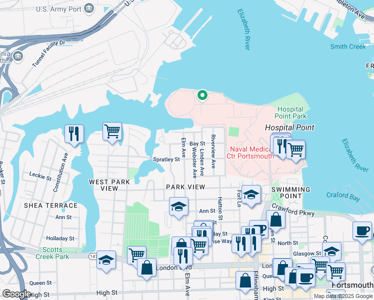 map of restaurants, bars, coffee shops, grocery stores, and more near 72 Webster Avenue in Portsmouth