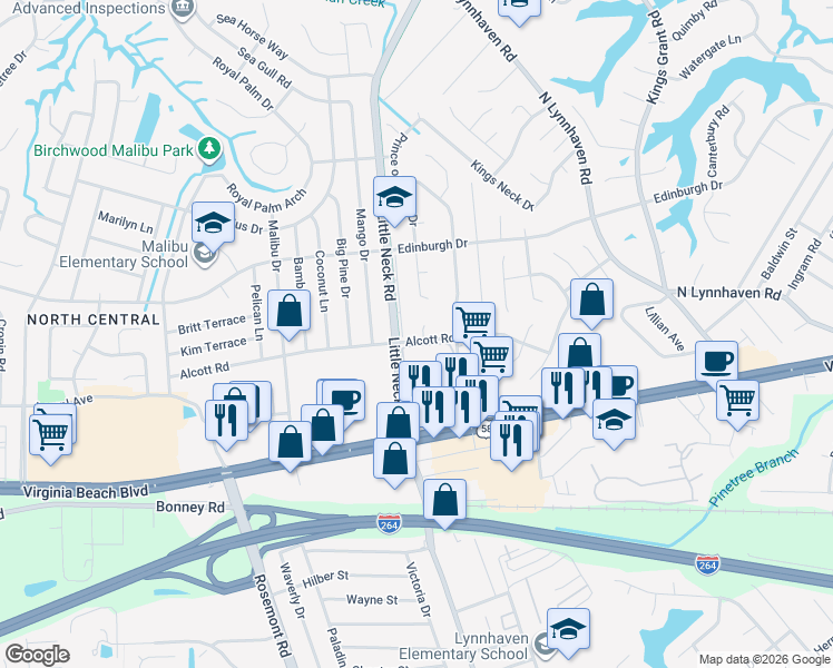 map of restaurants, bars, coffee shops, grocery stores, and more near 401 King James Court in Virginia Beach