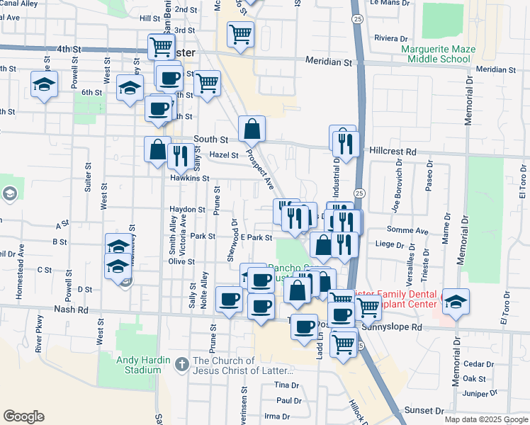 map of restaurants, bars, coffee shops, grocery stores, and more near 110 East Park Street in Hollister