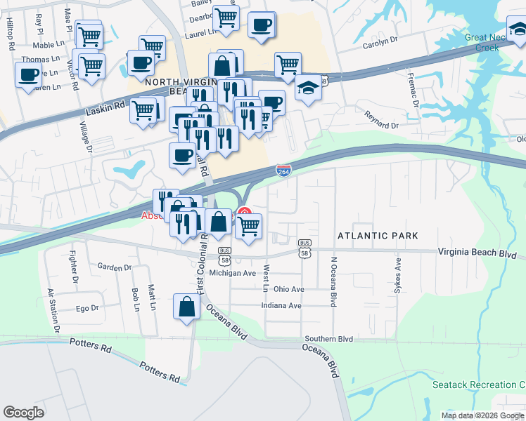 map of restaurants, bars, coffee shops, grocery stores, and more near 400 Hill Meadow Drive in Virginia Beach