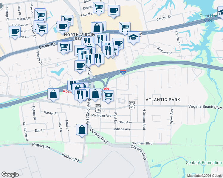 map of restaurants, bars, coffee shops, grocery stores, and more near 328 Louisa Avenue in Virginia Beach