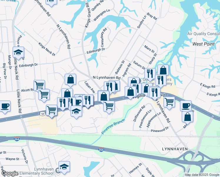 map of restaurants, bars, coffee shops, grocery stores, and more near 324 Kings Grant Road in Virginia Beach