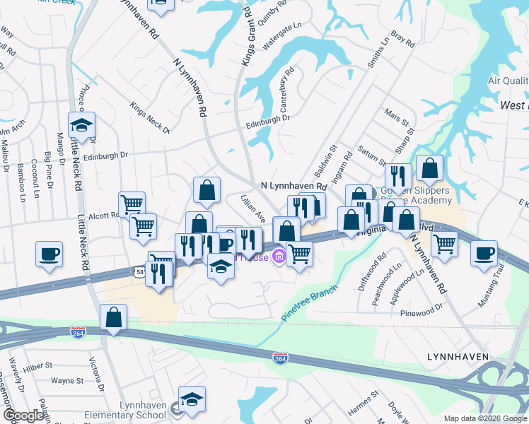 map of restaurants, bars, coffee shops, grocery stores, and more near 304 Lillian Avenue in Virginia Beach