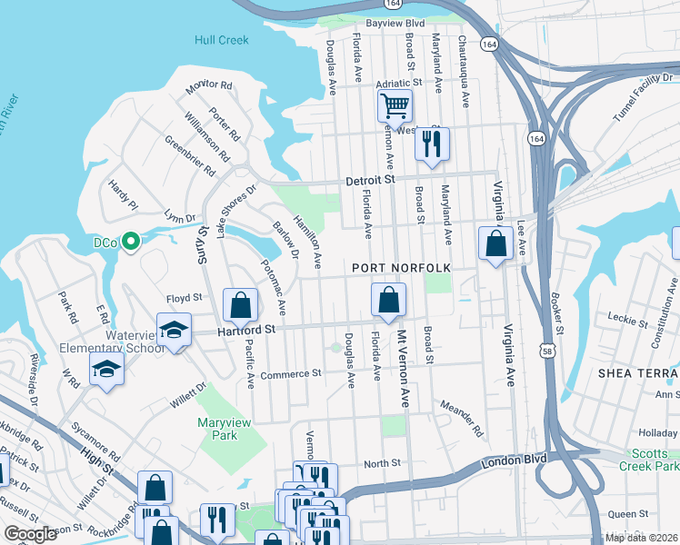 map of restaurants, bars, coffee shops, grocery stores, and more near 3004 Woodrow Street in Portsmouth