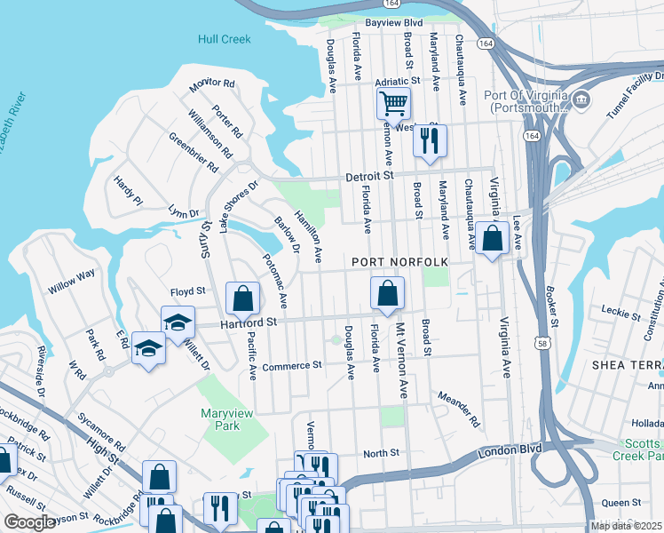map of restaurants, bars, coffee shops, grocery stores, and more near 3004 Woodrow Street in Portsmouth