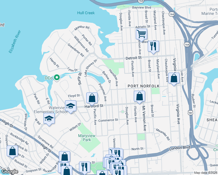 map of restaurants, bars, coffee shops, grocery stores, and more near 563 Barlow Drive in Portsmouth