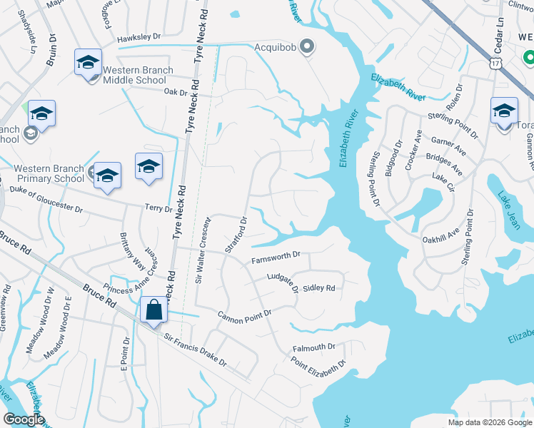 map of restaurants, bars, coffee shops, grocery stores, and more near 3017 Stratford Drive in Chesapeake