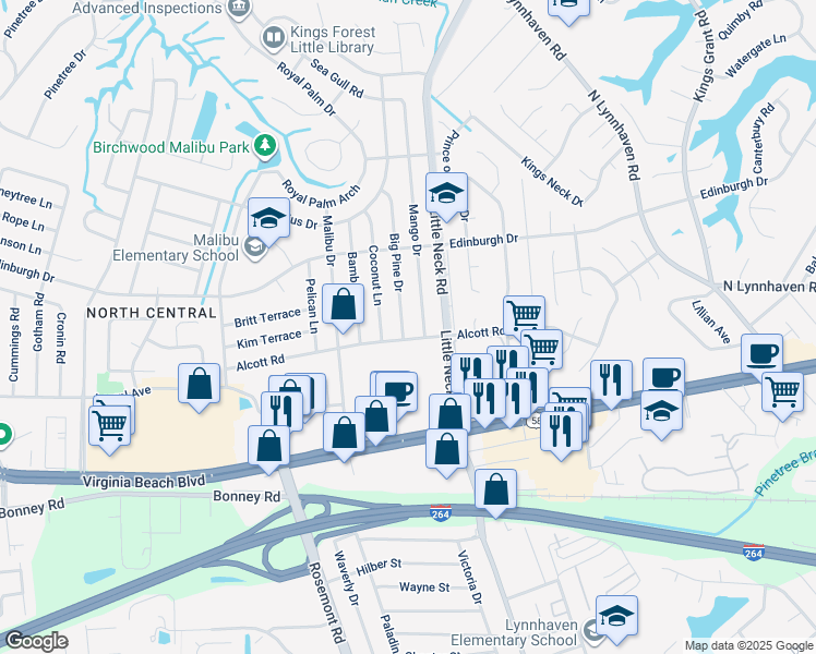 map of restaurants, bars, coffee shops, grocery stores, and more near 404 Big Pine Drive in Virginia Beach
