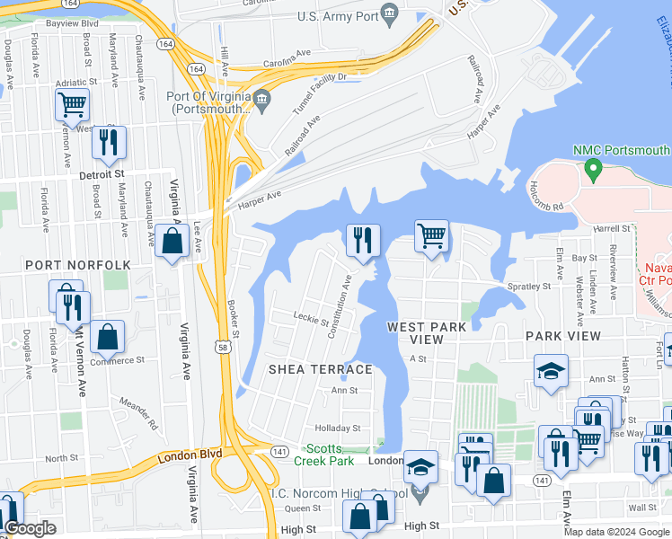 map of restaurants, bars, coffee shops, grocery stores, and more near 103 Idlewood Avenue in Portsmouth