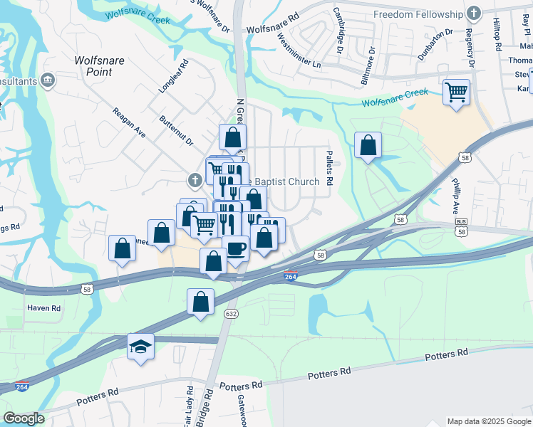 map of restaurants, bars, coffee shops, grocery stores, and more near 320 West Farmington Road in Virginia Beach