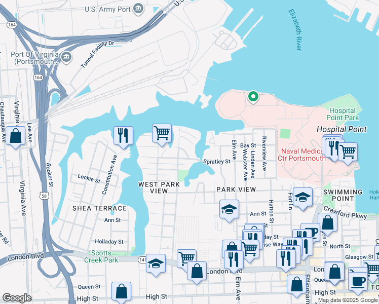 map of restaurants, bars, coffee shops, grocery stores, and more near 1508 Ward Terrace in Portsmouth