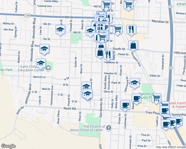 map of restaurants, bars, coffee shops, grocery stores, and more near 1001 Monterey Street in Hollister