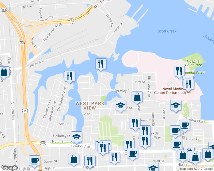 map of restaurants, bars, coffee shops, grocery stores, and more near 1508 Ward Terrace in Portsmouth