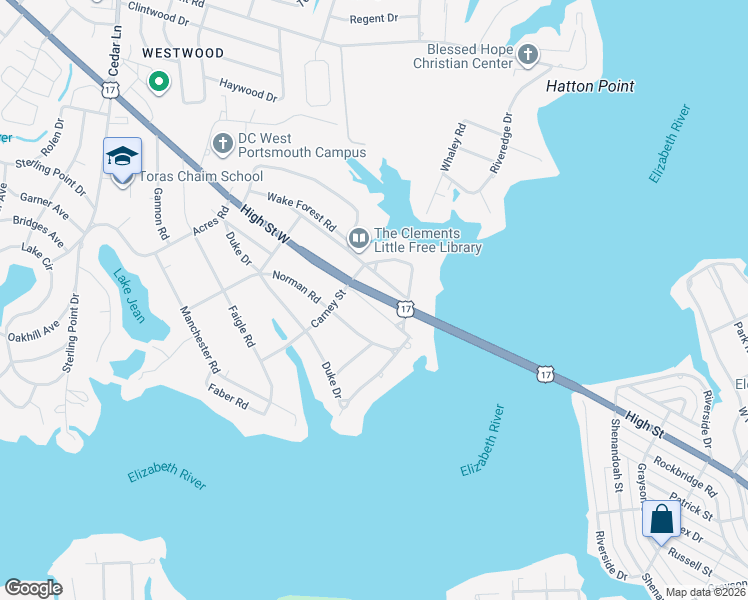 map of restaurants, bars, coffee shops, grocery stores, and more near 4406 Green Acres Parkway in Portsmouth
