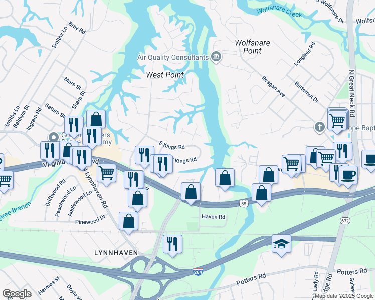 map of restaurants, bars, coffee shops, grocery stores, and more near 2621 East Kings Road in Virginia Beach