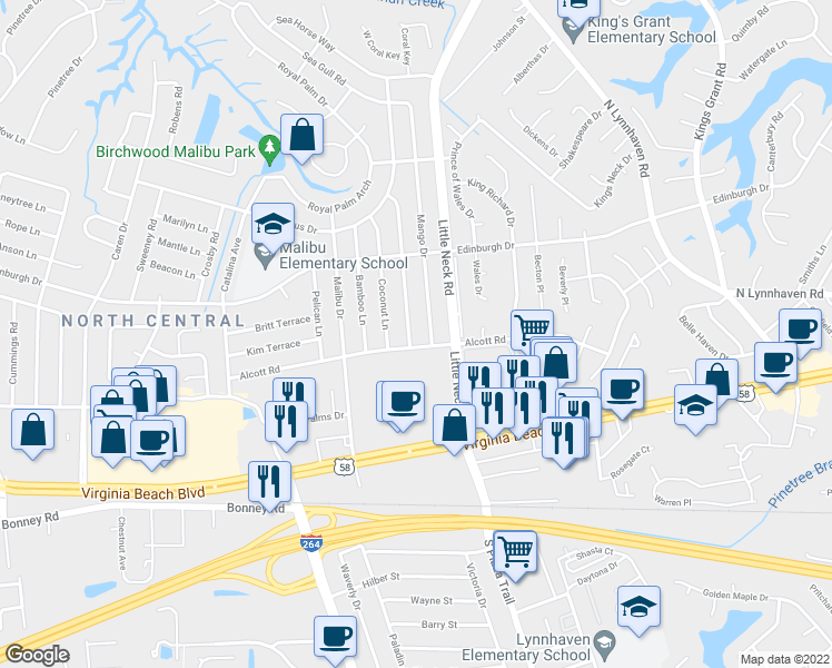 map of restaurants, bars, coffee shops, grocery stores, and more near 404 Big Pine Drive in Virginia Beach