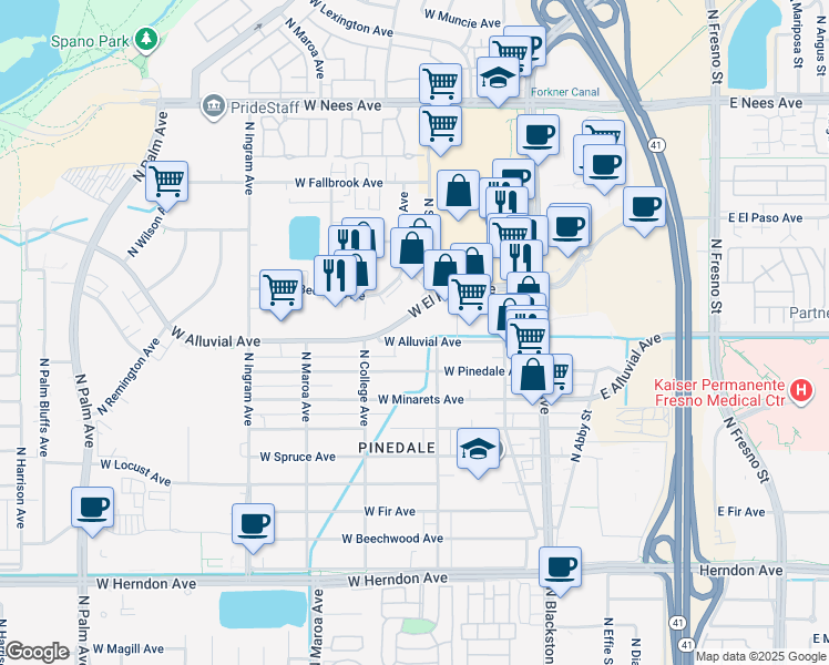 map of restaurants, bars, coffee shops, grocery stores, and more near 245 West Alluvial Avenue in Fresno