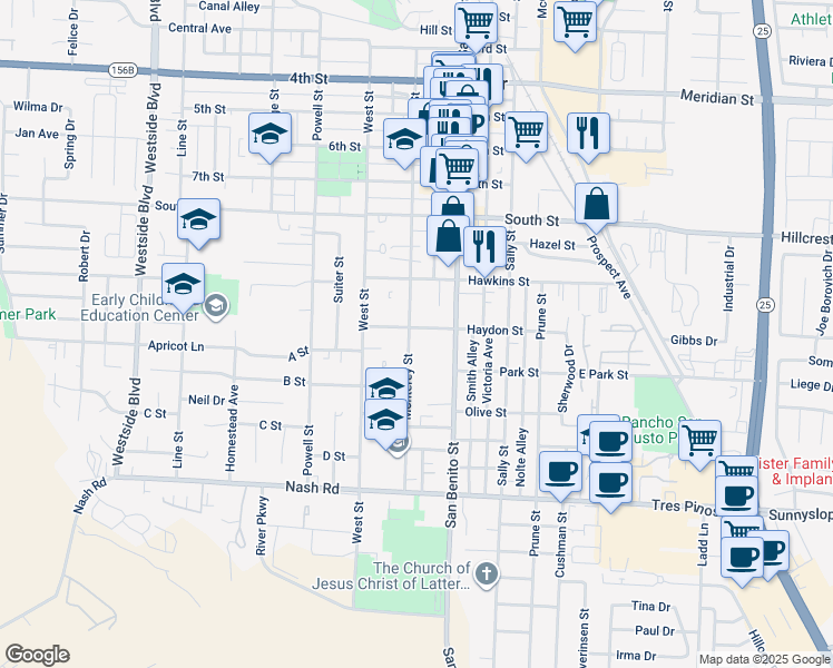 map of restaurants, bars, coffee shops, grocery stores, and more near 1001 Monterey Street in Hollister