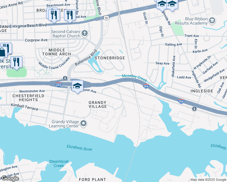 map of restaurants, bars, coffee shops, grocery stores, and more near 3115 Strathmore Avenue in Norfolk