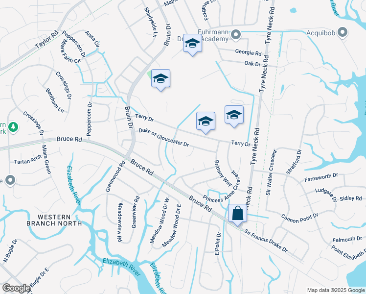 map of restaurants, bars, coffee shops, grocery stores, and more near 3008 Duke of Gloucester Court in Chesapeake