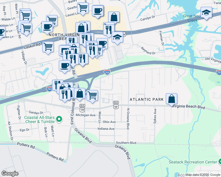 map of restaurants, bars, coffee shops, grocery stores, and more near 434 Hill Meadow Drive in Virginia Beach