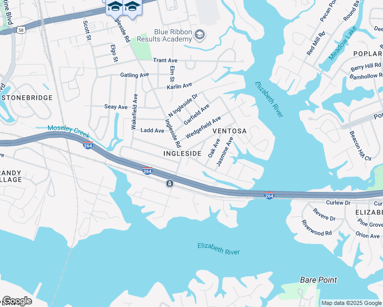 map of restaurants, bars, coffee shops, grocery stores, and more near 3612 Riverside Drive in Norfolk