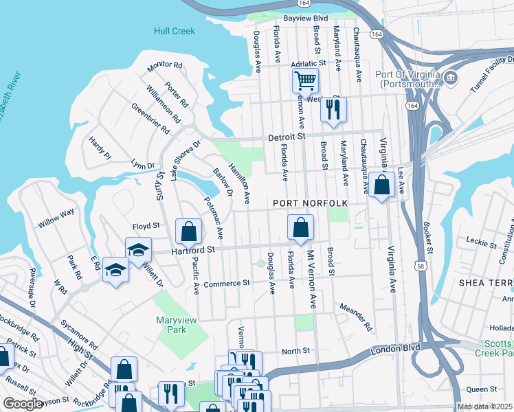 map of restaurants, bars, coffee shops, grocery stores, and more near 3004 Woodrow Street in Portsmouth