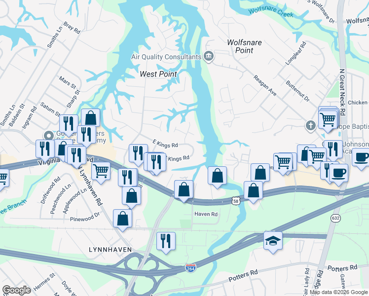map of restaurants, bars, coffee shops, grocery stores, and more near 2617 East Kings Road in Virginia Beach