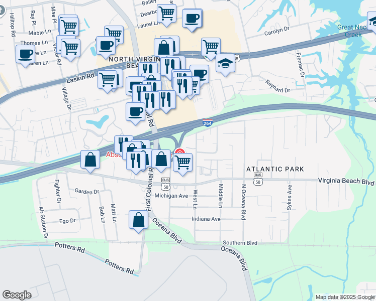 map of restaurants, bars, coffee shops, grocery stores, and more near 328 Louisa Avenue in Virginia Beach
