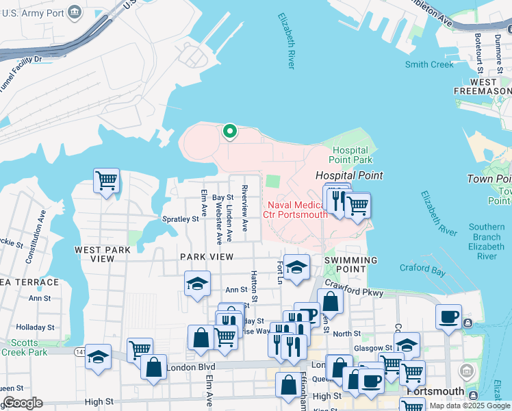 map of restaurants, bars, coffee shops, grocery stores, and more near 58 Parkview Avenue in Portsmouth